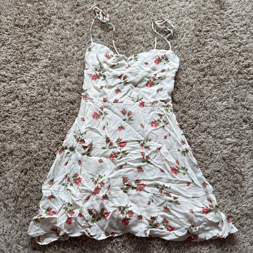 Reformation White Red Floral Rose Tie Strap Smocked Mini Dress Size 0